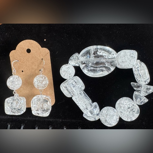 Jewelry - Clear Crystal Beaded Chunky Shaped Art Deco Earrings and Bracelet Set